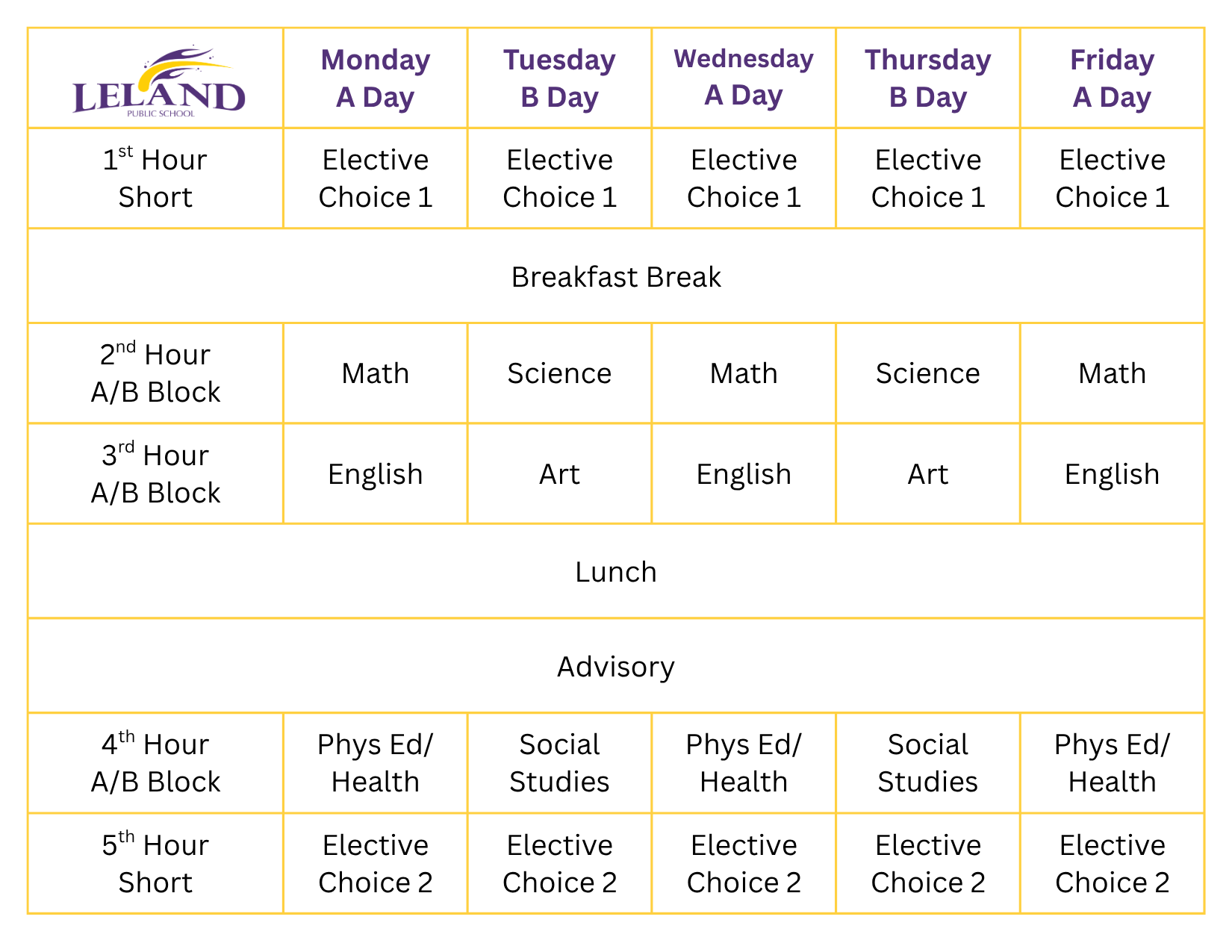 Image includes a sample 5 hour schedule for Middle School students